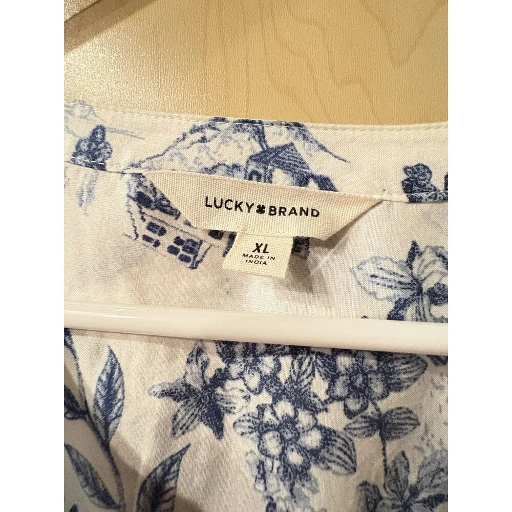 Lucky Brand XL Toile Print Peasant Blouse Balloon Sleeve Blue White Boho Top - Picture 4 of 6
